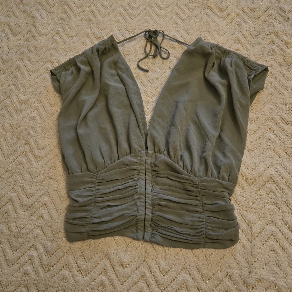 Free People Olive Green V-Neck Ruched Halter Camisole